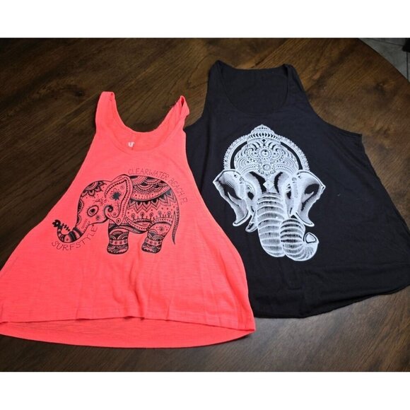 Elephant Graphic Tank Tops Set - Clearwater Beach FL Surf Style Coral & Black Sl - Picture 1 of 13